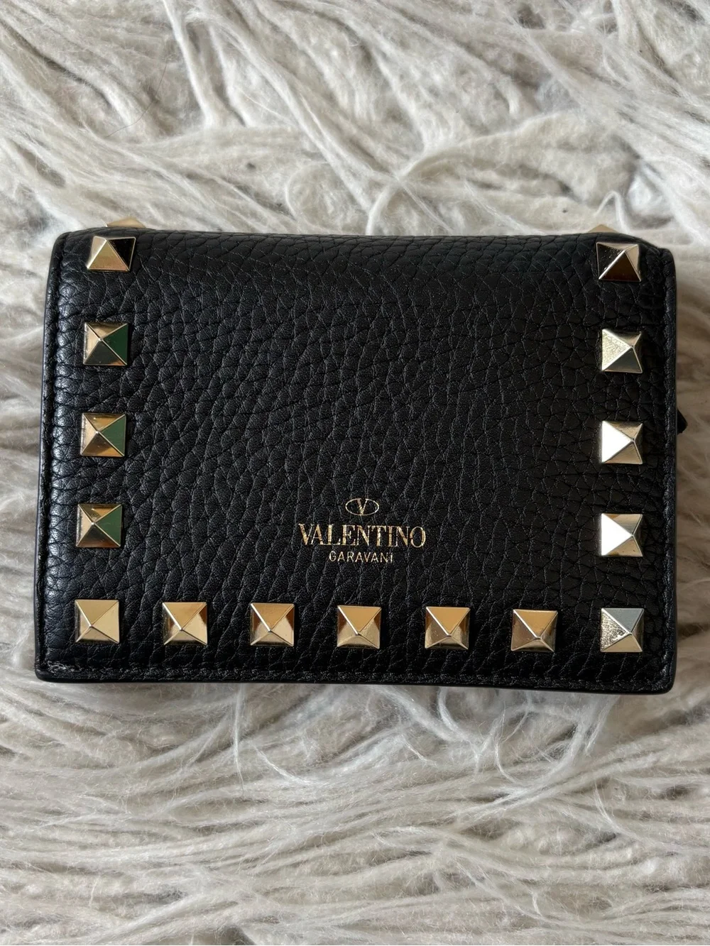 Valentino Garavani Rockstud French Flap Black Leather Compact Wallet NIB NEW